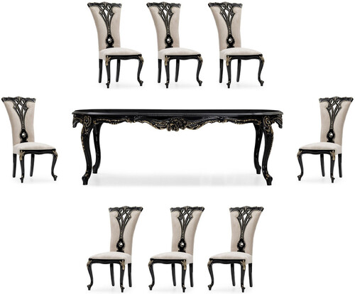 Casa Padrino Luxus Barock Esszimmer Set Creme / Schwarz / Gold - 1 Barock Esstisch & 8 Barock Esszimmerst�hle - Luxus Esszimmer M�bel im Barockstil - Prunkvolle Barock Esszimmer M�bel