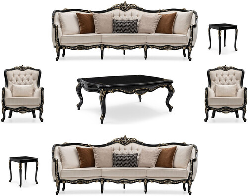 Casa Padrino Luxus Barock Wohnzimmer Set Creme / Schwarz / Gold - 2 Sofas & 2 Sessel & 1 Couchtisch & 2 Beistelltische - Handgefertigte Wohnzimmer M�bel im Barockstil - Edel & Prunkvoll