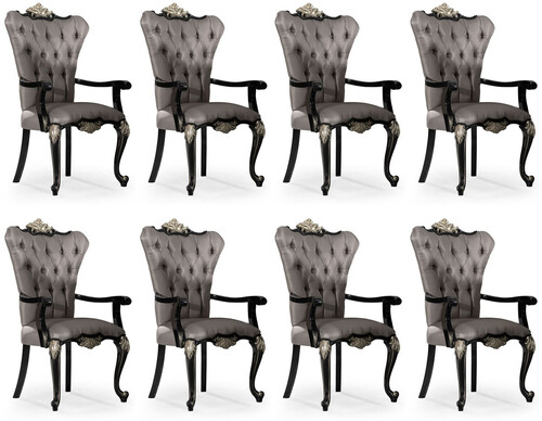 Casa Padrino Luxus Barock Esszimmer Stuhl 8er Set mit Armlehnen Silber / Schwarz / Silber - Prunkvolle Barockstil K�chen St�hle - Luxus Barock Esszimmer M�bel - Edel & Prunkvoll