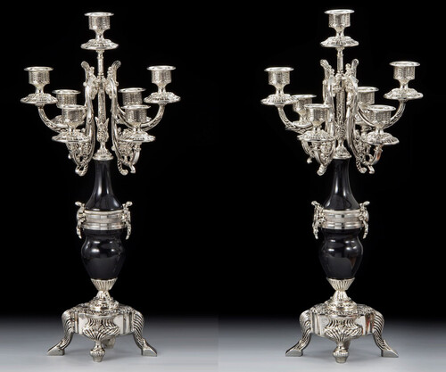 Casa Padrino Luxus Barock Kerzenhalter Set Silber / Schwarz  25 x H. 55 cm - Handgefertigte Barockstil Bronze Kerzenst�nder - Barock Deko Accessoires - Barock Interior - Edel & Prunkvoll