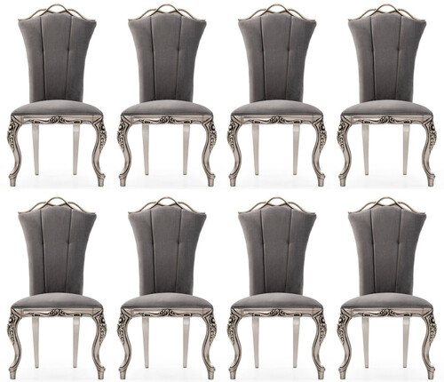 Casa Padrino Luxus Barock Esszimmer Stuhl 8er Set Grau / Silber - Prunkvolle Barockstil K�chen St�hle - Luxus Esszimmer M�bel im Barockstil - Barock Esszimmer M�bel - Barockstil M�bel