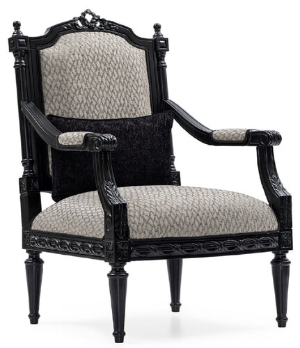 Casa Padrino Luxus Barock Wohnzimmer Sessel Silber / Schwarz - Handgefertigter Barockstil Sessel mit dekorativem Kissen - Luxus Wohnzimmer M�bel im Barockstil - Barock M�bel - Edel & Prunkvoll