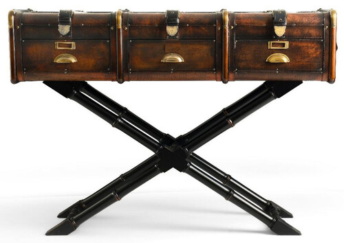 Casa Padrino Luxus Konsole in Koffer Optik Braun / Schwarz / Messing 120 x 39 x H. 83 cm - Konsolentisch mit 3 Schubladen - Schlafzimmer Konsole - Schlafzimmer M�bel - Luxus M�bel in Koffer Optik