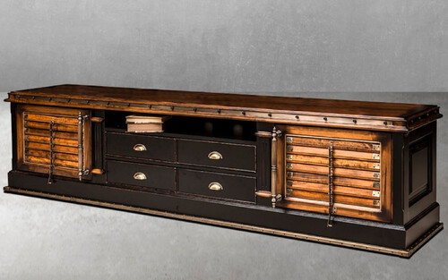 Casa Padrino Luxus Vintage Stil TV Schrank Braun / Naturfarben / Schwarz 255 x 48,5 x H. 61 cm - Vintage Stil Sideboard mit 2 T�ren und 4 Schubladen - Luxus Vintage Stil Wohnzimmer M�bel