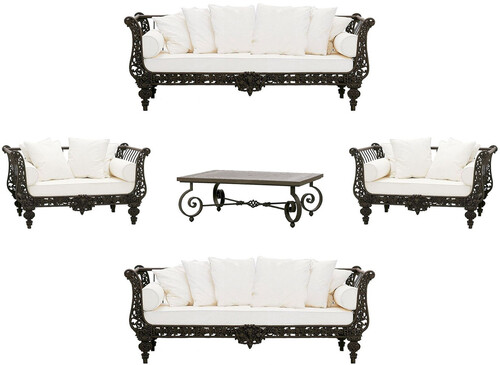 Casa Padrino Luxus Barock Schmiedeeisen M�bel Set Dunkelbraun / Wei� - 2 Luxus Sofas & 2 Luxus Sessel & 1 Luxus Couchtisch - Wohnzimmer M�bel - Garten M�bel - Hotel M�bel - Luxus Barock M�bel