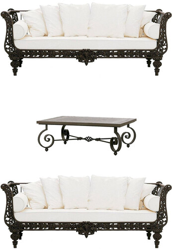 Casa Padrino Luxus Barock Schmiedeeisen M�bel Set Dunkelbraun / Wei� - 2 Luxus Sofas & 1 Luxus Couchtisch - Wohnzimmer M�bel - Garten M�bel - Hotel M�bel - Luxus Barock M�bel