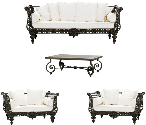 Casa Padrino Luxus Barock Schmiedeeisen M�bel Set Dunkelbraun / Wei� - 1 Luxus Sofa & 2 Luxus Sessel & 1 Luxus Couchtisch - Wohnzimmer M�bel - Garten M�bel - Hotel M�bel - Luxus Barock M�bel