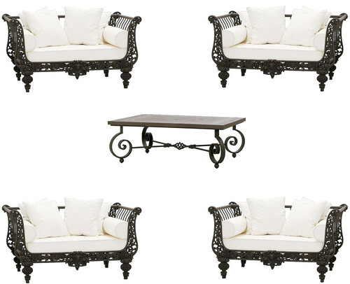 Casa Padrino Luxus Barock Schmiedeeisen M�bel Set Dunkelbraun / Wei� - 4 Luxus Sessel & 1 Luxus Couchtisch - Wohnzimmer M�bel - Garten M�bel - Hotel M�bel - Luxus Barock M�bel