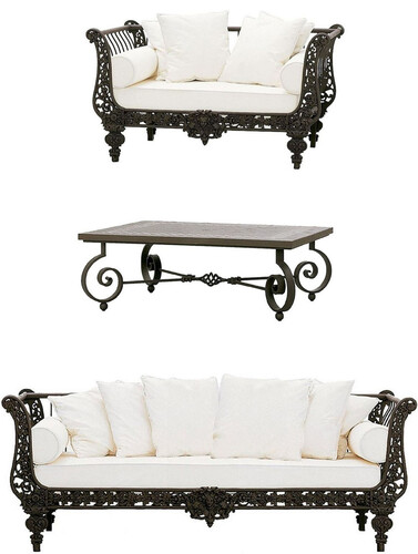 Casa Padrino Luxus Barock Schmiedeeisen M�bel Set Dunkelbraun / Wei� - 1 Luxus Sofa & 1 Luxus Sessel & 1 Luxus Couchtisch - Wohnzimmer M�bel - Garten M�bel - Hotel M�bel - Luxus Barock M�bel