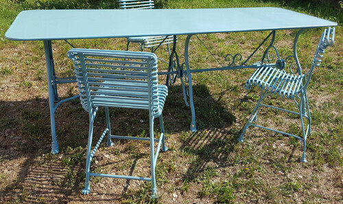 Casa Padrino Jugendstil Garten Esstisch Hellblau 250 x 90 x H. 75 cm - Nostalgischer Schmiedeeisen Gartentisch - Jugendstil Schmiedeeisen Garten M�bel - Nostalgische Garten M�bel