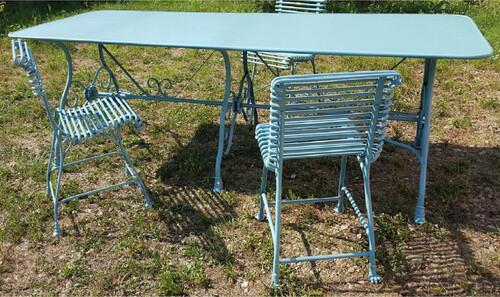 Casa Padrino Jugendstil Schmiedeeisen Garten M�bel Set Hellblau - 1 Jugendstil Garten Esstisch & 6 Jugendstil Garten St�hle - Barock & Jugendstil Gastronomie & Garten M�bel