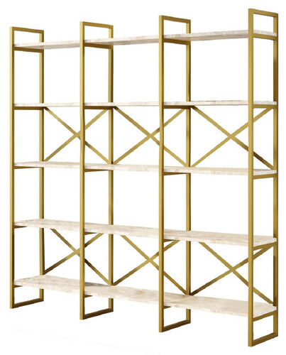 Casa Padrino Luxus Regalschrank mit Marmor Regalen Gold / Wei� 170 x 30 x H. 175 cm - B�cherschrank - Wohnzimmer Schrank - B�ro Schrank - Wohnzimmer M�bel - B�ro M�bel - Luxus M�bel