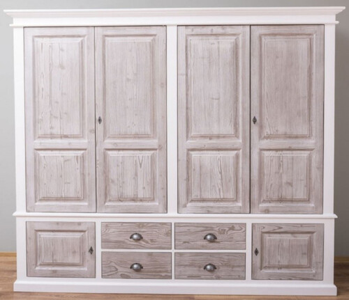 Casa Padrino Landhausstil Schlafzimmerschrank Wei� / Naturfarben 232 x 59 x H. 197 cm - Massivholz Kleiderschrank mit 6 T�ren und 4 Schubladen - Massivholz Schlafzimmer M�bel im Landhausstil