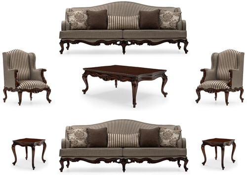 Casa Padrino Luxus Barock Wohnzimmer Set Silber / Braun - 2 Sofas & 2 Sessel & 1 Couchtisch & 2 Beistelltische - Handgefertigte Wohnzimmer M�bel im Barockstil - Edel & Prunkvoll