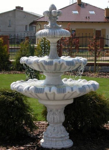 Casa Padrino Barock Springbrunnen mit dekorativer Lilie Grau  129 x H. 196 cm - Prunkvoller Gartenbrunnen im Barockstil - Runder Gartendeko Stein Brunnen - Barock Garten Deko Accessoires
