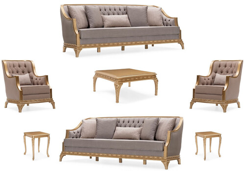Casa Padrino Luxus Barock Wohnzimmer Set Grau / Braun / Gold - 2 Sofas & 2 Sessel & 1 Couchtisch & 2 Beistelltische - Handgefertigte Luxus Wohnzimmer M�bel im Barockstil - Edel & Prunkvoll