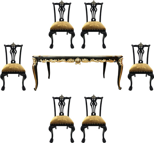 Pomp��s by Casa Padrino Barock Luxus Esszimmer Set Gold / Schwarz - Pomp��ser Barock Esstisch mit Glasplatte und 6 Barock Esszimmerst�hle designed by Harald Gl��ckler - Barock M�bel
