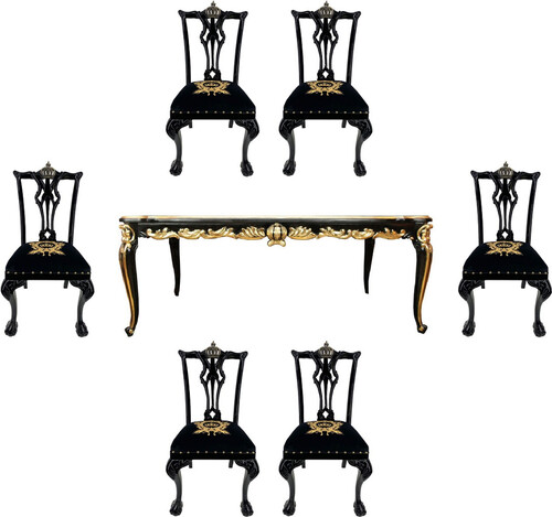 Pomp��s by Casa Padrino Barock Luxus Esszimmer Set Schwarz / Gold - Pomp��ser Barock Esstisch mit Glasplatte und 6 Barock Esszimmerst�hle designed by Harald Gl��ckler - Barock M�bel