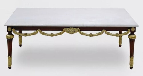 Casa Padrino Luxus Barock Couchtisch mit Marmorplatte Wei� / Dunkelbraun / Gold - Rechteckger Wohnzimmertisch im Barockstil - Barock M�bel - Edel & Prunkvoll