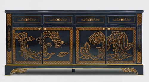 Casa Padrino Luxus Barock Sideboard im chinesischen Stil Schwarz / Gold - Barockstil Massivholz Schrank mit 4 Schubladen & 4 T�ren - Luxus Esszimmer M�bel im Barockstil - Barock Esszimmer M�bel