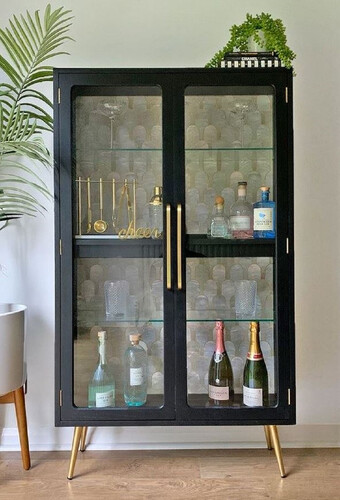 Casa Padrino Luxus Vitrine mit LED Beleuchtung Schwarz / Gold 124 x 57 x H. 177 cm - Beleuchteter Massivholz Vitrinenschrank mit 2 Glast�ren - Wohnzimmer M�bel - Luxus M�bel