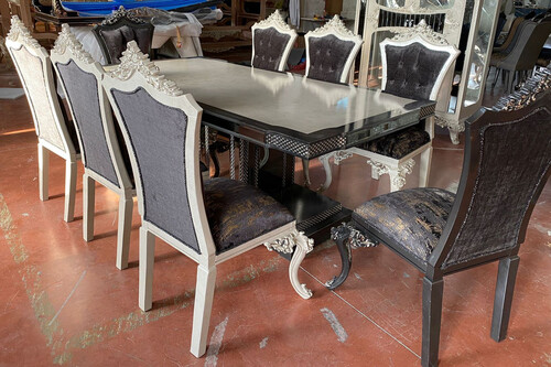 Casa Padrino Luxus Barock Esszimmer Set Creme / Blau / Gold - 1 Barock Esstisch & 6 Barock Esszimmerst�hle - Luxus Esszimmer M�bel im Barockstil - Prunkvolle Barock Esszimmer M�bel