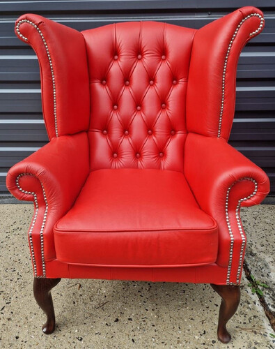 Casa Padrino Luxus Chesterfield Ohrensessel Rot / Dunkelbraun 98 x 90 x H. 110 cm - Echtleder Chesterfield Wohnzimmer Sessel - Wohnzimmer M�bel - Chesterfield M�bel - Luxus Leder M�bel