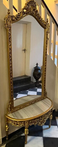 Casa Padrino Barock Spiegelkonsole mit Marmorplatte Gold / Grau - Prunkvolle Barock Konsole mit Spiegel - Garderoben Mbel Barockstil - Barock Mbel - Edel & Prunkvoll