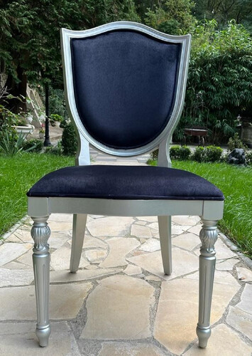 Casa Padrino Luxus Art Deco Samt Esszimmer Stuhl Dunkelblau / Silber - Art Deco Massivholz Stuhl - Art Deco Esszimmer M�bel - Art Deco M�bel - Art Deco Einrichtung - Luxus M�bel im Art Deco Stil