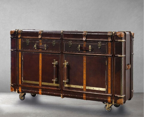 Casa Padrino Luxus Leder Konsole in Koffer Optik Dunkelbraun / Braun / Messing 166 x 47 x H. 90 cm - Echtleder Konsolentisch mit 2 Schubladen und 2 T�ren - Luxus Echtleder M�bel in Koffer Optik