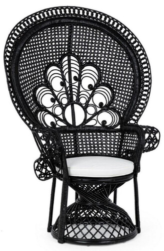 Casa Padrino Luxus Rattan Sessel Schwarz / Wei� 106 x 71 x H. 148 cm - Vintage Stil Rattan Sessel mit Sitzkissen - Vintage Stil Rattan M�bel - Garten & Terrassen M�bel