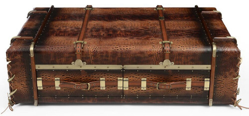 Casa Padrino Luxus Couchtisch in Koffer Optik Braun / Schwarz / Messing 140 x 85 x H. 43 cm - Koffer Wohnzimmertisch mit 2 Schubladen - Wohnzimmer M�bel - Luxus M�bel in Koffer Optik