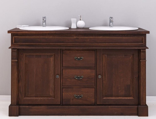 Casa Padrino Landhausstil Doppel Waschbeckenschrank mit 2 Keramik Waschbecken Dunkelbraun / Wei� 150 x 51 x H. 91 cm - Massivholz Badezimmer M�bel im Landhausstil - Landhausstil M�bel