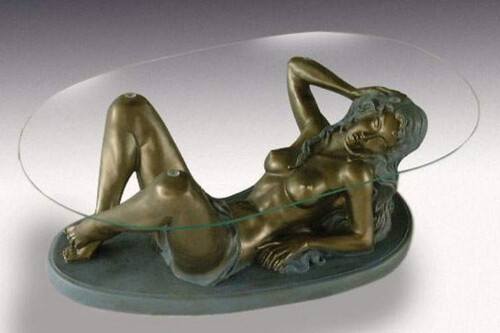 Casa Padrino Jugendstil Couchtisch Frau Antik Messing / Grau H. 45 cm - Eleganter Wohnzimmertisch mit ovaler Glasplatte - Barock & Jugendstil M�bel