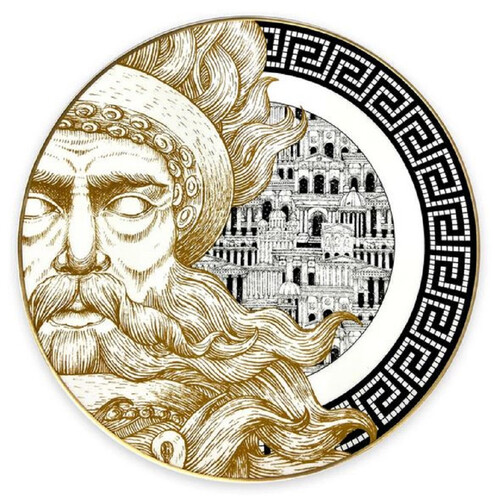 Casa Padrino Luxus Porzellan Teller Gott (linke Seite) Wei� / Schwarz / Gold  29 cm - Handbemalter Porzellan Essteller - Luxus Qualit�t - Made in Italy