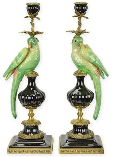 Casa Padrino Jugendstil Kerzenhalter Set Papageien Gr�n / Schwarz / Messing 16,1 x 12,8 x H. 48 cm - Porzellan Kerzenst�nder - Hotel & Restaurant Accessoires - Barock & Jugendstil Deko Accessoires