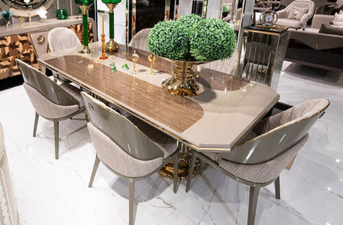 Casa Padrino Luxus Esszimmer Set Grau / Braun / Gold - 1 Luxus Esstisch & 6 Luxus Esszimmerst�hle - Luxus Esszimmer M�bel