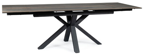 Casa Padrino Luxus Esstisch mit geh�rteter Glaskeramik Tischplatte in Holzoptik Braun / Matt Schwarz 160-240 x 90 x H. 76 cm - Ausziehbarer K�chentisch - Esszimmer M�bel - Luxus M�bel