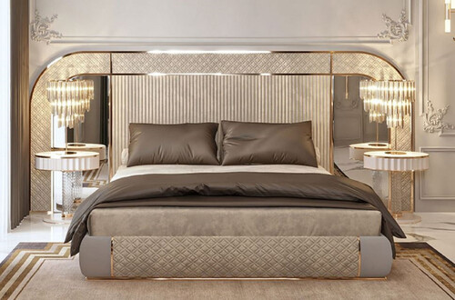 Casa Padrino Luxus Art Deco Doppelbett Grau / Gold 350 x 209,5 x H. 140 cm - Edles Massivholz Bett mit verspiegeltem Kopfteil - Luxus Schlafzimmer M�bel - Hotel M�bel - Art Deco M�bel