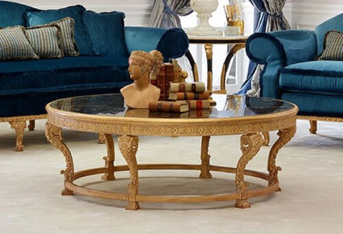 Casa Padrino Luxus Barock Couchtisch mit Marmorplatte Naturfarben / Schwarz - Runder Wohnzimmertisch im Barockstil - Barock M�bel - Edel & Prunkvoll - Luxus Qualit�t - Made in Italy