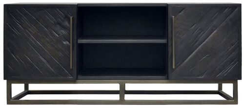 Casa Padrino Luxus Massivholz TV Schrank Schwarz / Messing 160 x 43 x H. 60 cm - Rustikales Eichenholz Wohnzimmer Sideboard mit 2 T�ren - Rustikale Luxus Massivholz Wohnzimmer M�bel