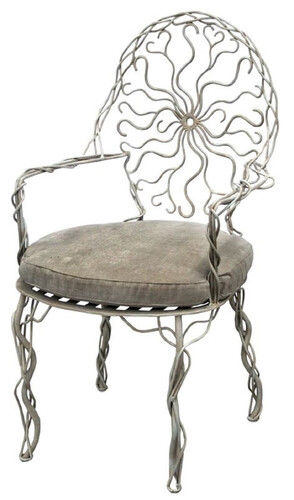 Casa Padrino Luxus Jugendstil Garten Stuhl Grau 60 x 60 x H. 100 cm - Handgeschmiedeter Esszimmer Stuhl mit Armlehnen�und Sitzkissen - Luxus Jugendstil Garten & Esszimmer M�bel