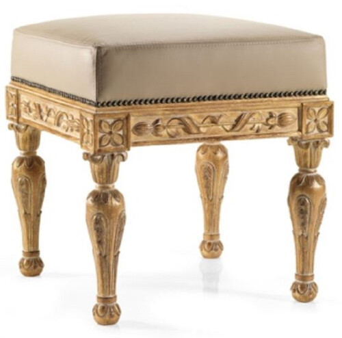 Casa Padrino Luxus Barock Leder Hocker Beige / Antik Naturfarben - Handgefertigter Barockstil Sitzhocker mit hochwertigem Echtleder - Barock M�bel - Luxus Qualit�t - Made in Italy