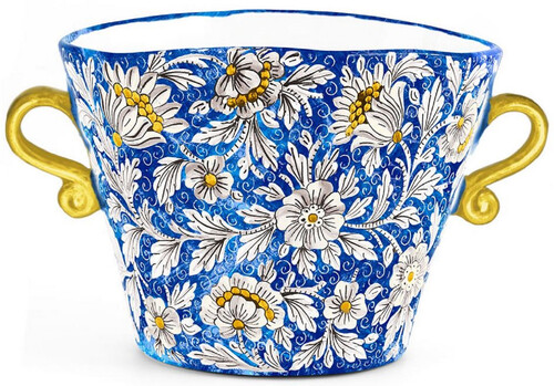 Casa Padrino Luxus Keramik Blumentopf mit 2 Tragegriffen Blau / Mehrfarbig  27 x H. 20 cm - Handgefertigter & handbemalter Keramik Pflanzentopf - Luxus Qualit�t - Made in Italy