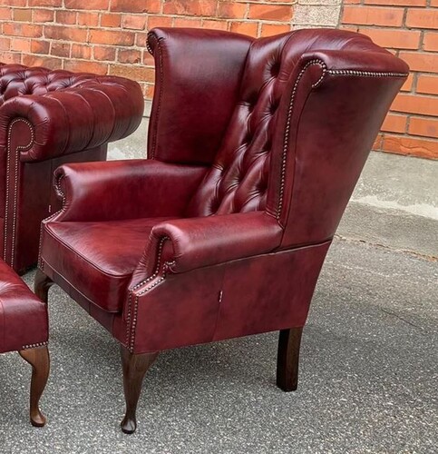 Casa Padrino Luxus Chesterfield Leder Ohrensessel Bordeauxrot / Braun