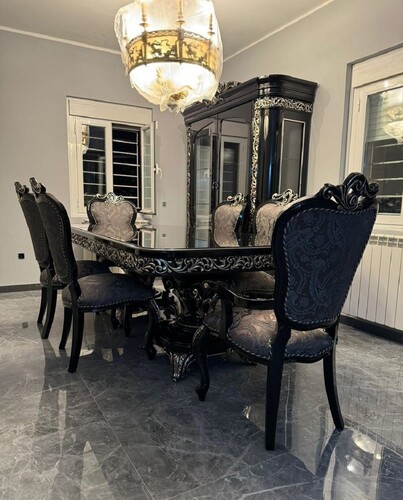 Casa Padrino Luxus Barock Esszimmer Set Schwarz / Silber - 1 Barock Esstisch & 6 Barock Esszimmerst�hle