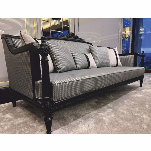Casa Padrino Luxus Barock Sofa mit Kissen Silber / Schwarz 255 cm - Barock M�bel