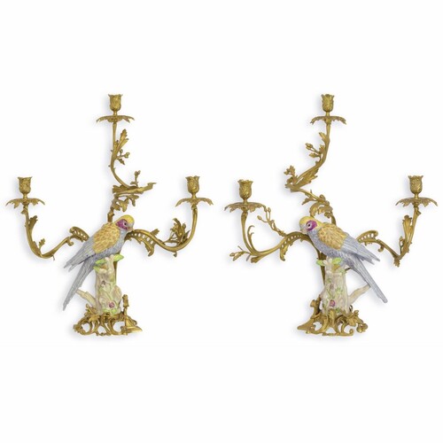 Casa Padrino Jugendstil Kerzenhalter Set Papageien Messing / Bunt H. 65 cm