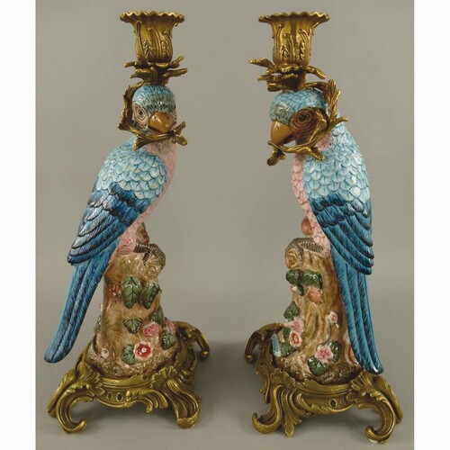 Casa Padrino Jugendstil Kerzenhalter Set Papageien Bunt / Gold H. 37 cm