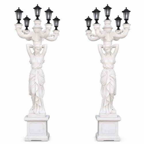 Casa Padrino Jugendstil Marmor Au�enstehleuchten Set Wei� / Schwarz H. 280 cm - Jugendstil Au�enbeleuchtung - Gartenbeleuchtung